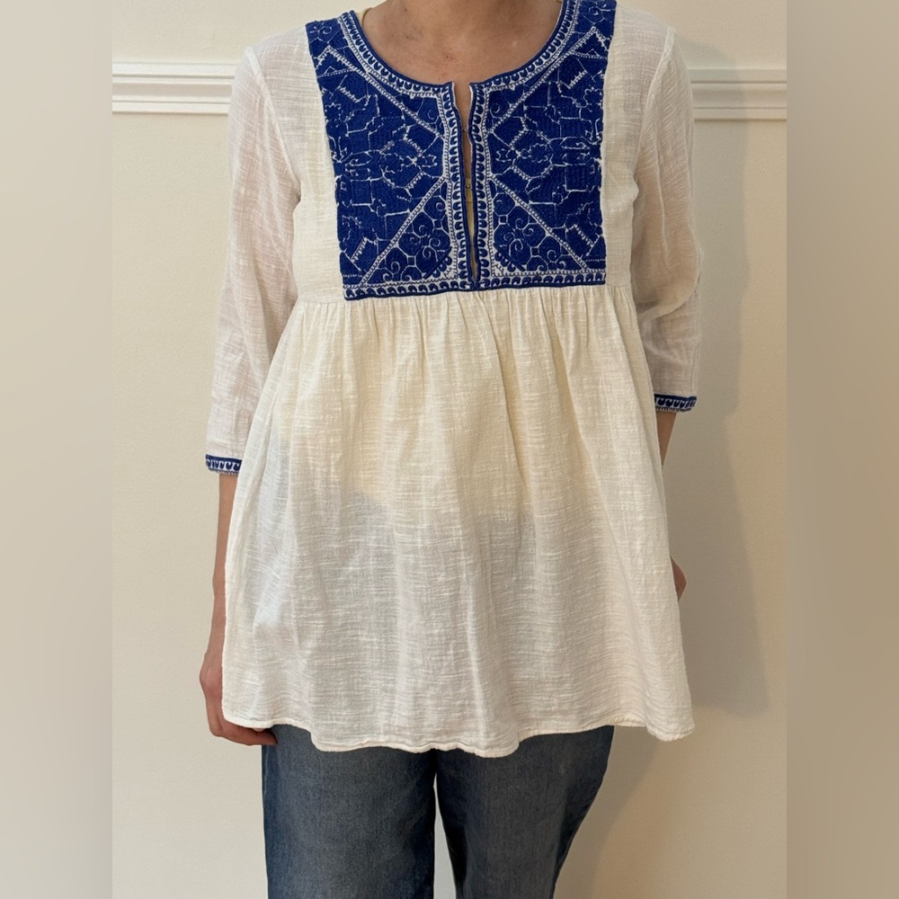 Zara White Blouse with Blue Embroidery